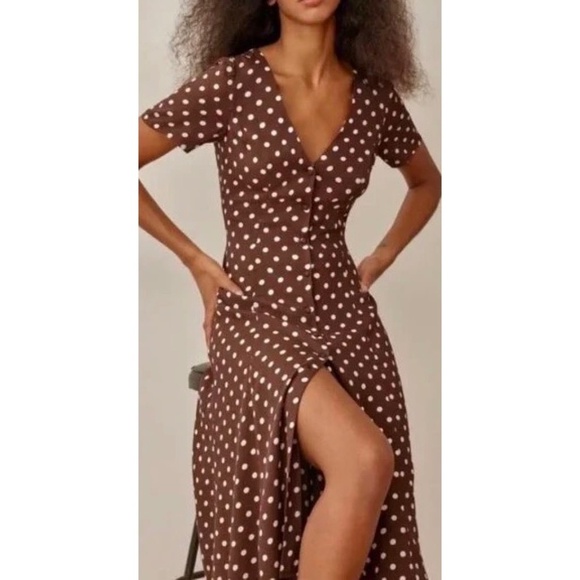 REFORMATION Locklin Dress Brown White Polka Dot Midi Au Lait Chocolate Dress 2 - Picture 6 of 15